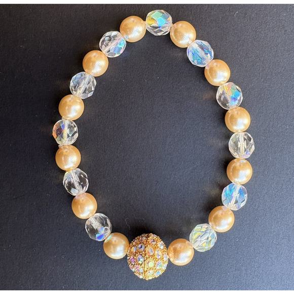 VTG Joan Rivers Stretch Bracelet Aurora Borealis Crystals Faux Pearls 7.75" - Picture 4 of 8